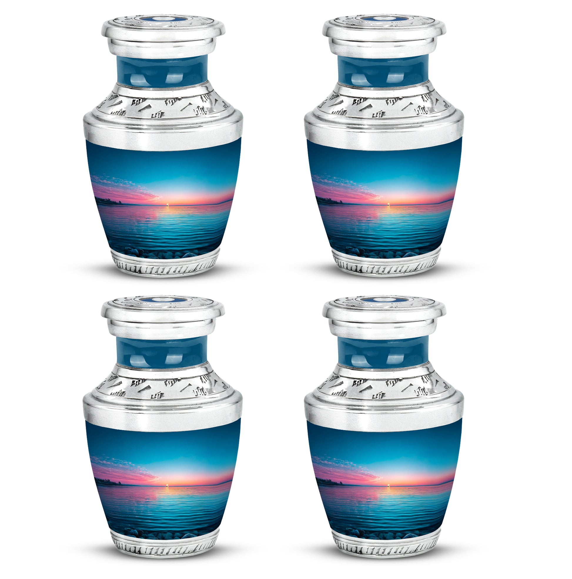 Navy Blue Beach Cremation Urn back view with polished surface - contemporary beach design with modern artistic flair - 10 inch aluminum urn for cremated remains