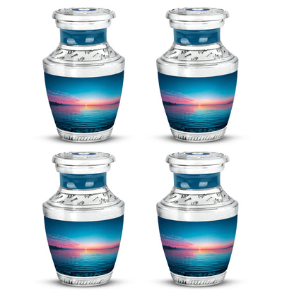 Navy Blue Beach Cremation Urn back view with polished surface - contemporary beach design with modern artistic flair - 10 inch aluminum urn for cremated remains