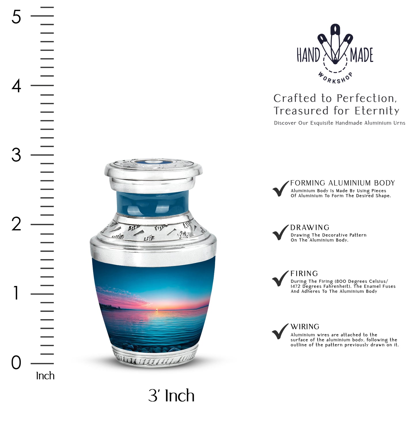 Cornflower Blue Beach Cremation Urn top-down view of secure threaded lid - stylized abstract beach pattern with bold lines - mini keepsake memorial for portion of cremation ashes