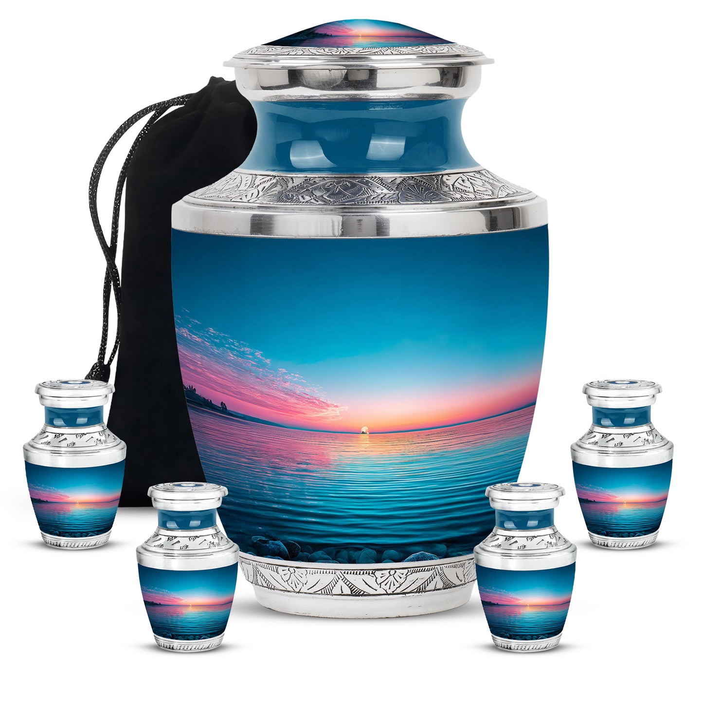 Sapphire Blue Beach Cremation Urn lifestyle display on memorial shelf - artistic beach interpretation with creative detail - memorial set with one large and four small urns