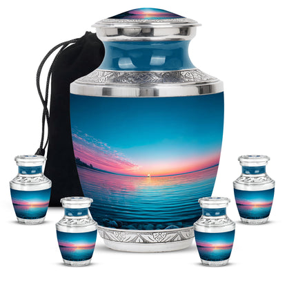 Sapphire Blue Beach Cremation Urn lifestyle display on memorial shelf - artistic beach interpretation with creative detail - memorial set with one large and four small urns