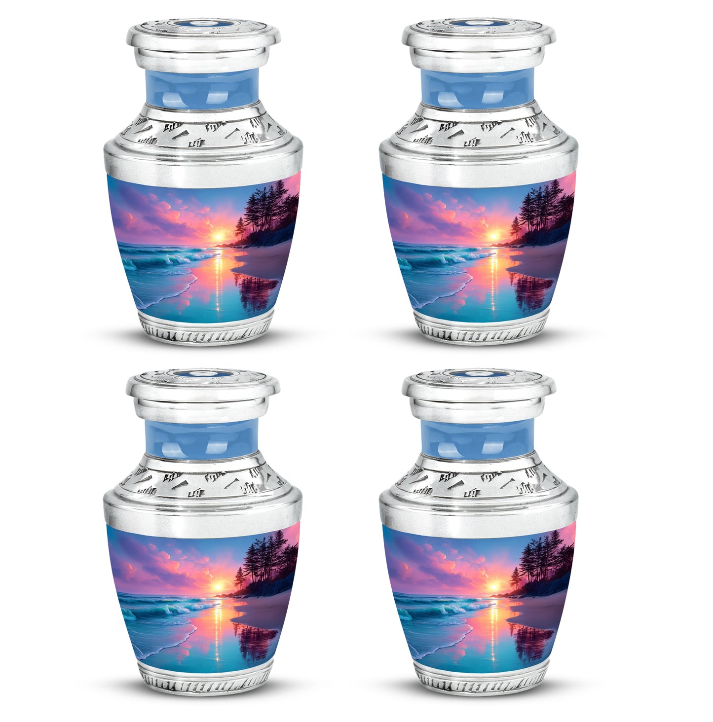 Dusty Blue Beach Cremation Urn back view with polished surface - contemporary beach design with modern artistic flair - 10 inch aluminum urn for cremated remains