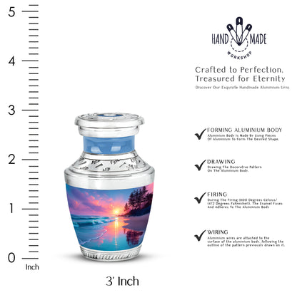 Misty Blue Beach Cremation Urn top-down view of secure threaded lid - modern art-inspired beach motif on sleek aluminum - mini keepsake memorial for portion of cremation ashes