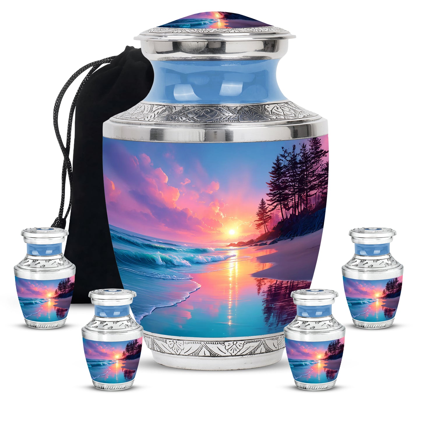 Cobalt Blue Beach Cremation Urn lifestyle display on memorial shelf - artistic beach interpretation with creative detail - memorial set with one large and four small urns