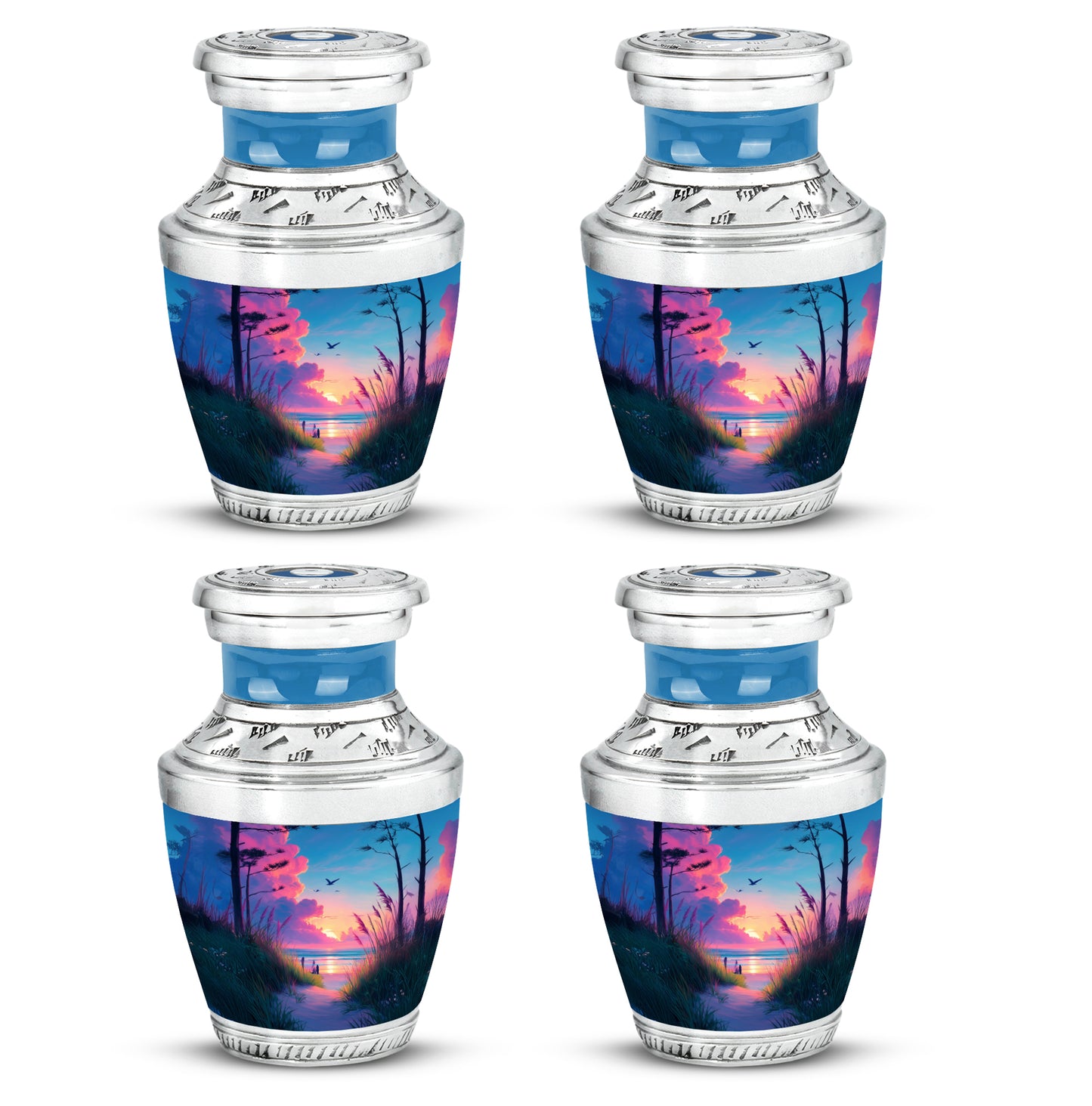 Twilight Blue Beach Cremation Urn back view with polished surface - stylized abstract beach pattern with bold lines - 10 inch aluminum urn for cremated remains