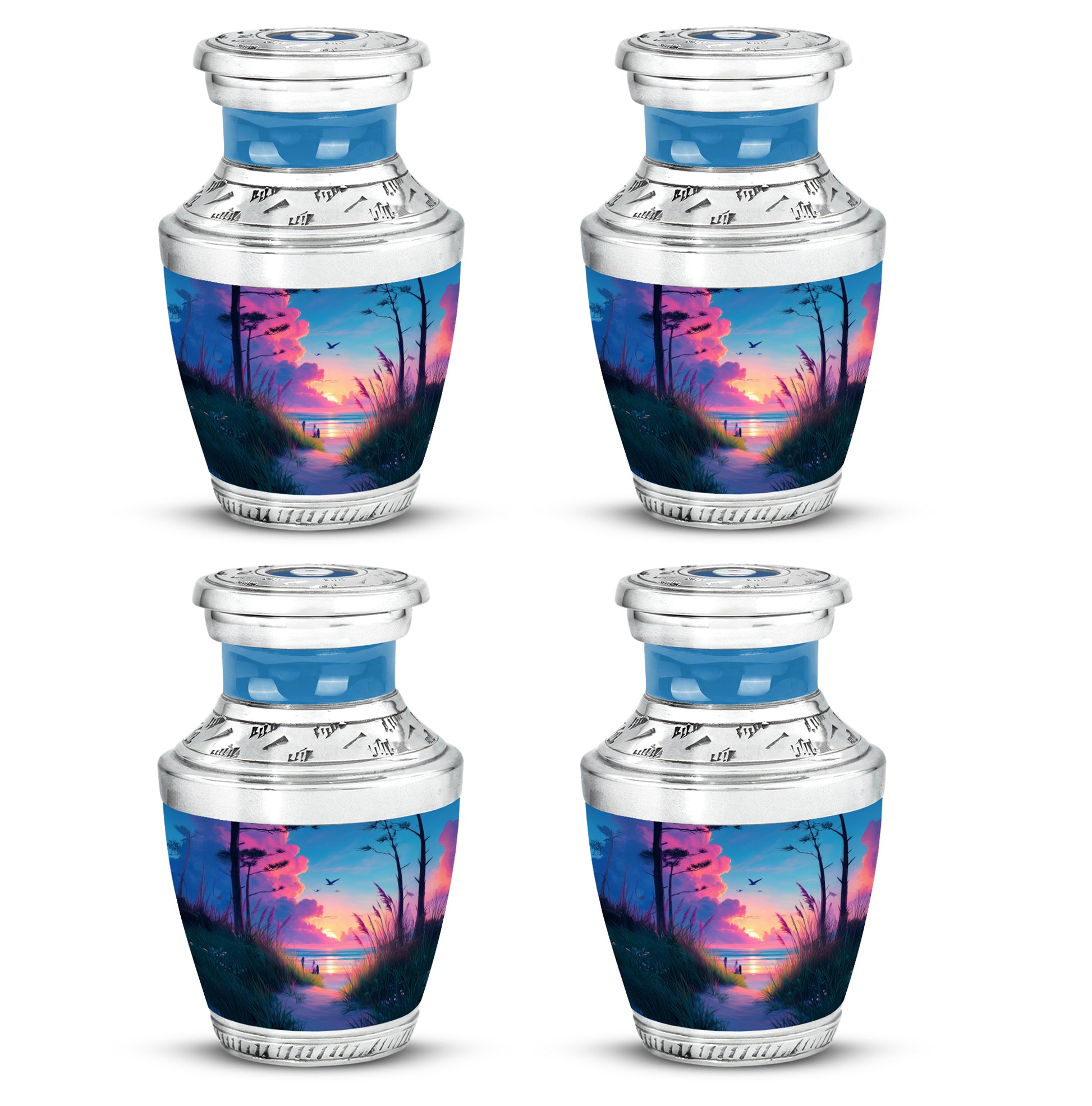 Twilight Blue Beach Cremation Urn back view with polished surface - stylized abstract beach pattern with bold lines - 10 inch aluminum urn for cremated remains