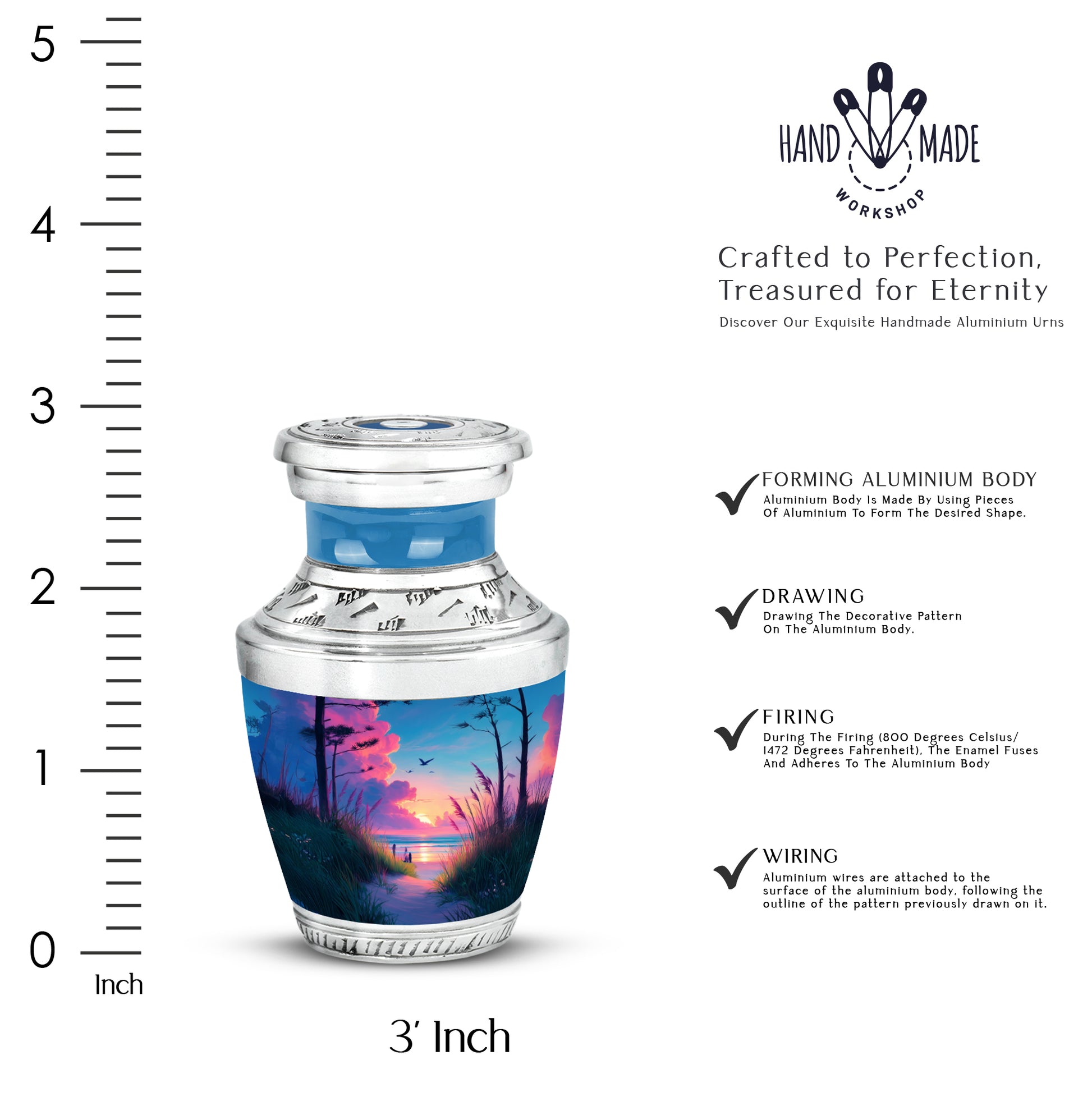 Powder Blue Beach Cremation Urn top-down view of secure threaded lid - contemporary beach design with modern artistic flair - mini keepsake memorial for portion of cremation ashes