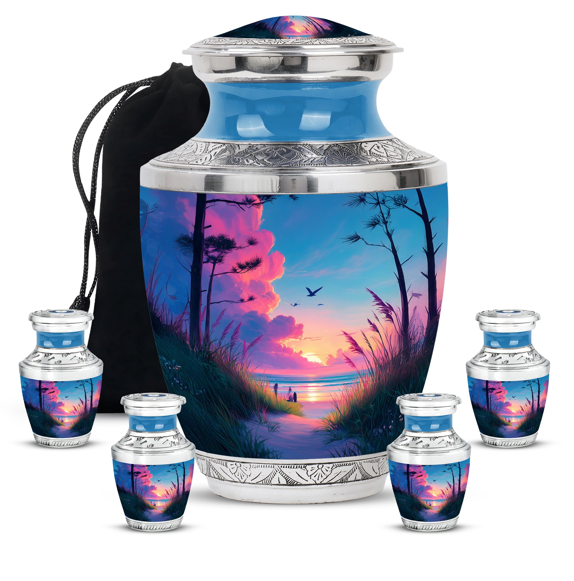 Navy Blue Beach Cremation Urn lifestyle display on memorial shelf - contemporary beach design with modern artistic flair - memorial set with one large and four small urns
