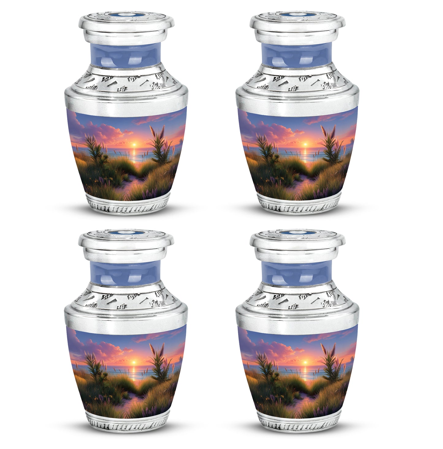 Dusty Blue Beach Cremation Urn back view with polished surface - modern art-inspired beach motif on sleek aluminum - 10 inch aluminum urn for cremated remains