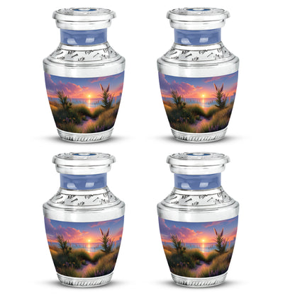 Dusty Blue Beach Cremation Urn back view with polished surface - modern art-inspired beach motif on sleek aluminum - 10 inch aluminum urn for cremated remains