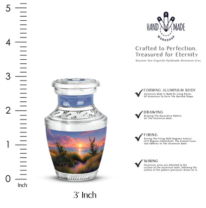 Pastel Blue Beach Cremation Urn top-down view of secure threaded lid - contemporary beach design with modern artistic flair - mini keepsake memorial for portion of cremation ashes