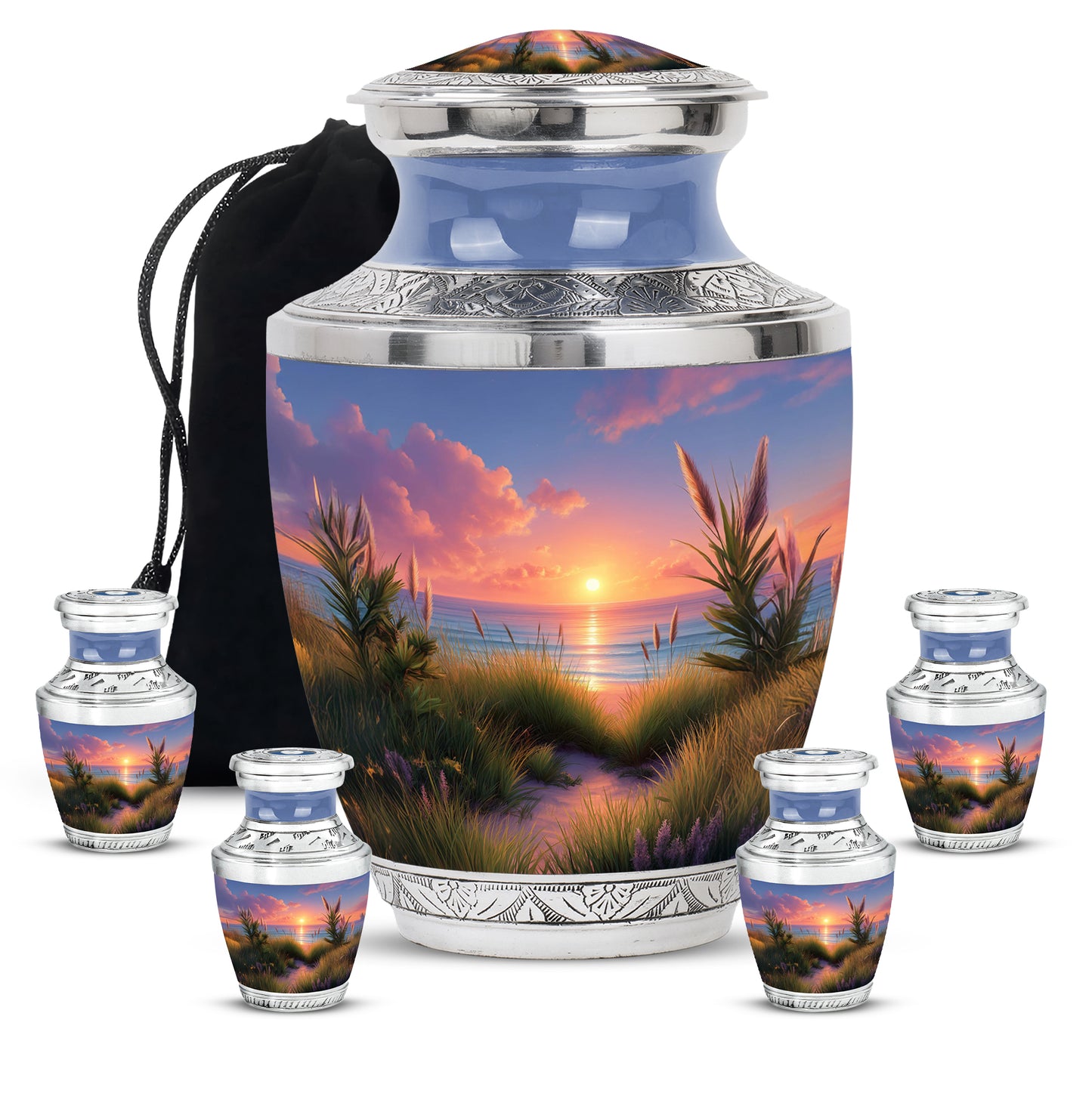 Sky Blue Beach Cremation Urn lifestyle display on memorial shelf - modern art-inspired beach motif on sleek aluminum - memorial set with one large and four small urns