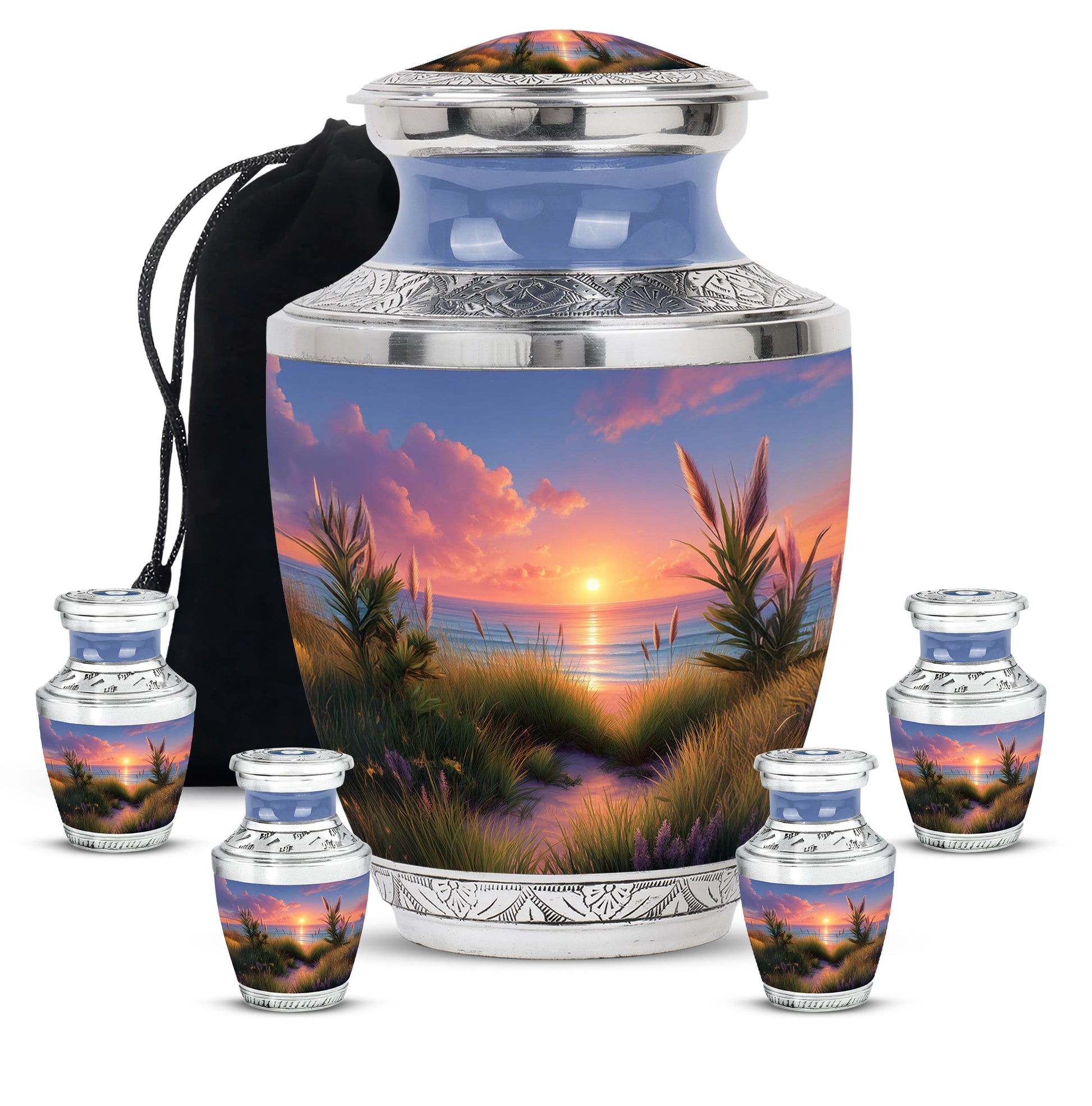 Sky Blue Beach Cremation Urn lifestyle display on memorial shelf - modern art-inspired beach motif on sleek aluminum - memorial set with one large and four small urns