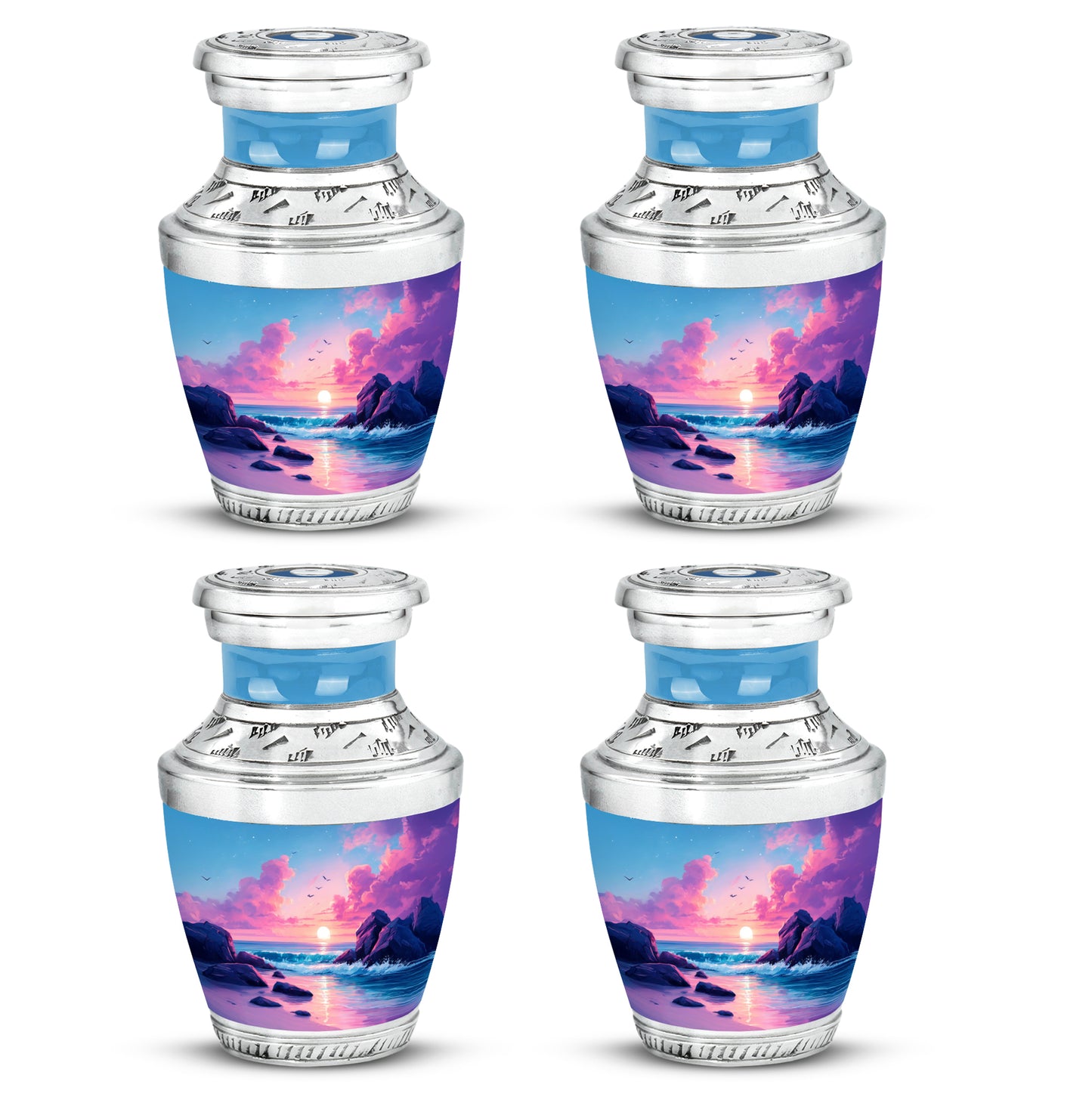 Cobalt Blue Beach Cremation Urn back view with polished surface - stylized abstract beach pattern with bold lines - 10 inch aluminum urn for cremated remains