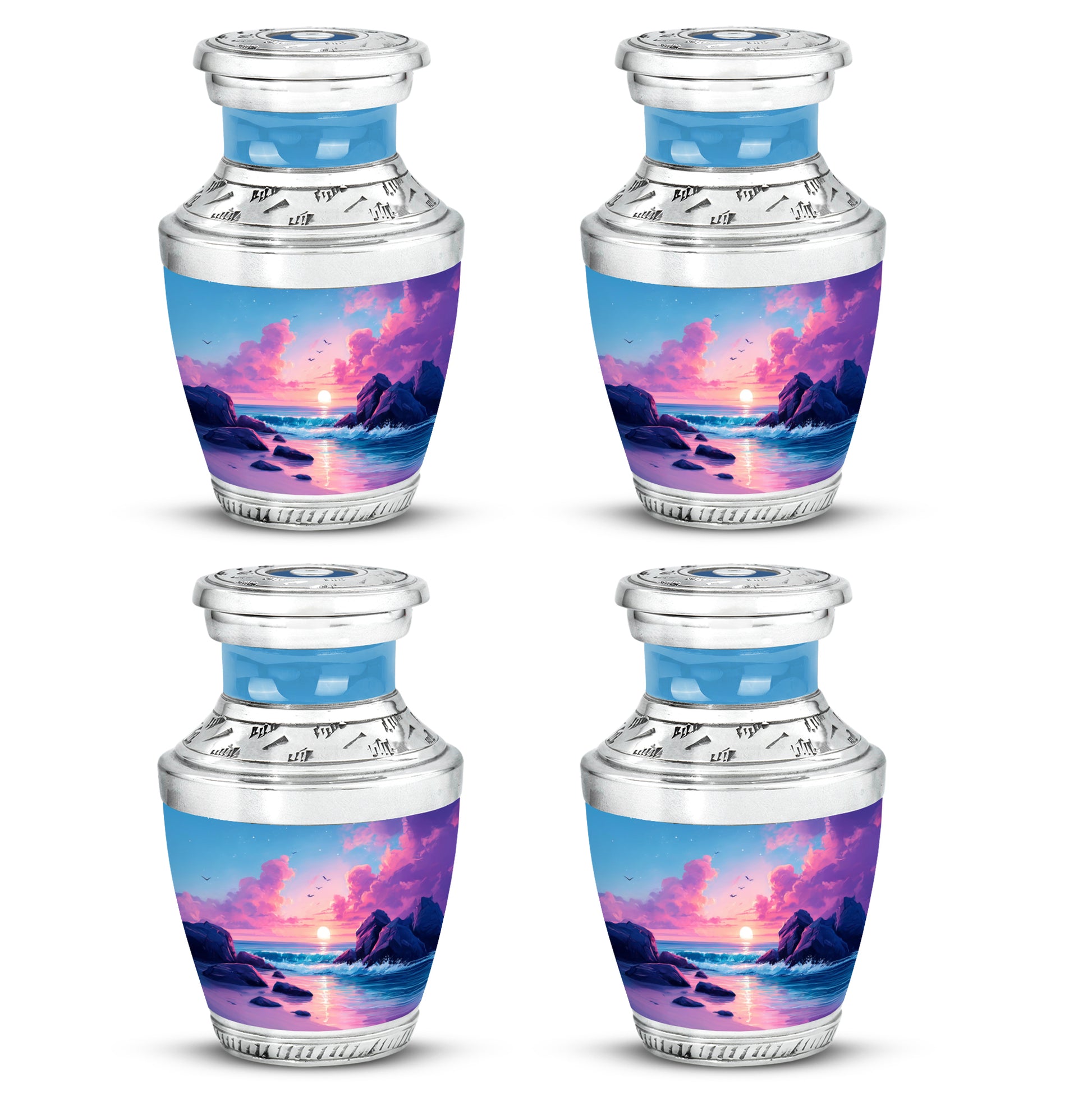 Cobalt Blue Beach Cremation Urn back view with polished surface - stylized abstract beach pattern with bold lines - 10 inch aluminum urn for cremated remains