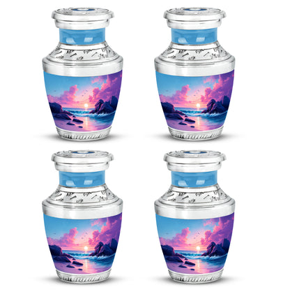 Cobalt Blue Beach Cremation Urn back view with polished surface - stylized abstract beach pattern with bold lines - 10 inch aluminum urn for cremated remains
