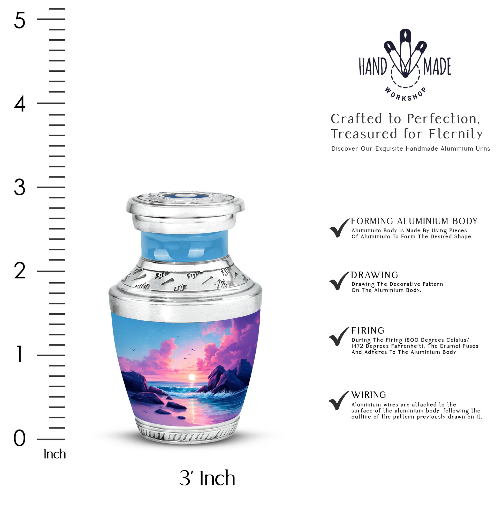 Dusty Blue Beach Cremation Urn top-down view of secure threaded lid - modern art-inspired beach motif on sleek aluminum - mini keepsake memorial for portion of cremation ashes