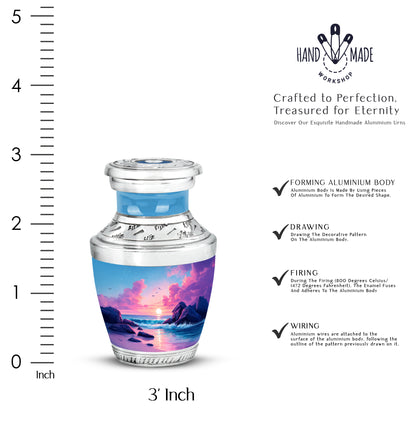 Dusty Blue Beach Cremation Urn top-down view of secure threaded lid - modern art-inspired beach motif on sleek aluminum - mini keepsake memorial for portion of cremation ashes