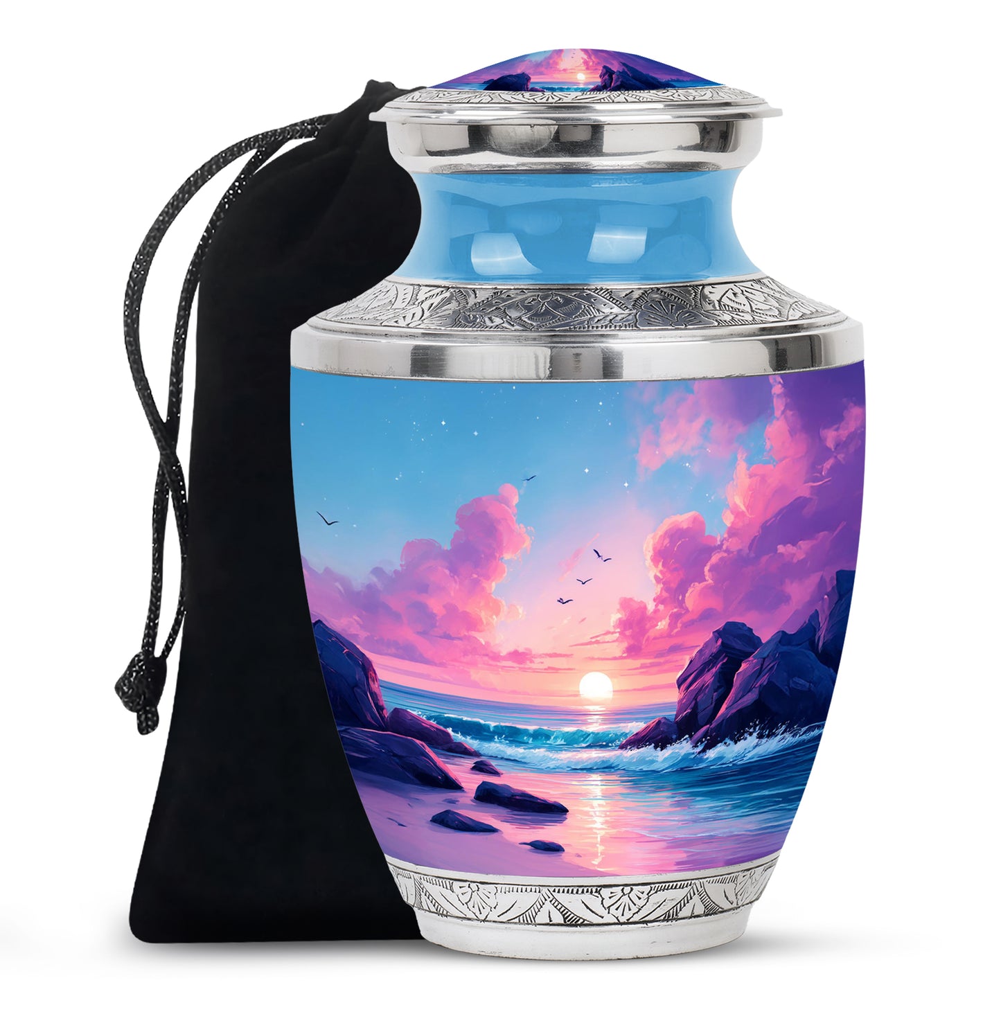 Azure Beach Cremation Urn side profile showing urn shape - modern art-inspired beach motif on sleek aluminum - full-size 10 inch 200 cubic inch adult cremation urn