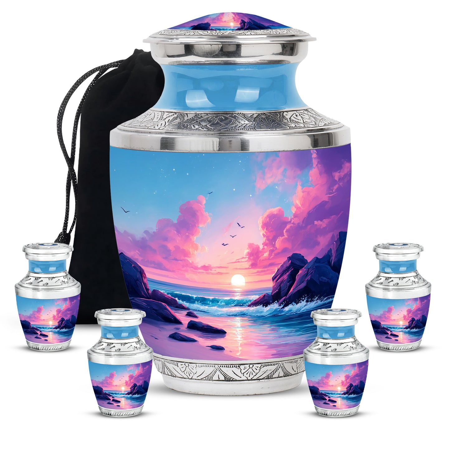 Navy Blue Beach Cremation Urn lifestyle display on memorial shelf - modern art-inspired beach motif on sleek aluminum - memorial set with one large and four small urns