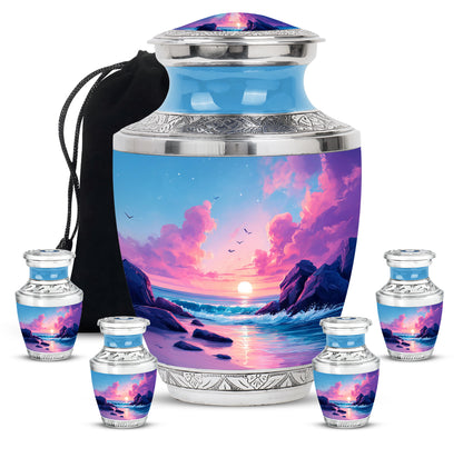 Navy Blue Beach Cremation Urn lifestyle display on memorial shelf - modern art-inspired beach motif on sleek aluminum - memorial set with one large and four small urns