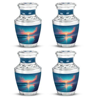 Pastel Blue Beach Cremation Urn back view with polished surface - contemporary beach design with modern artistic flair - 10 inch aluminum urn for cremated remains