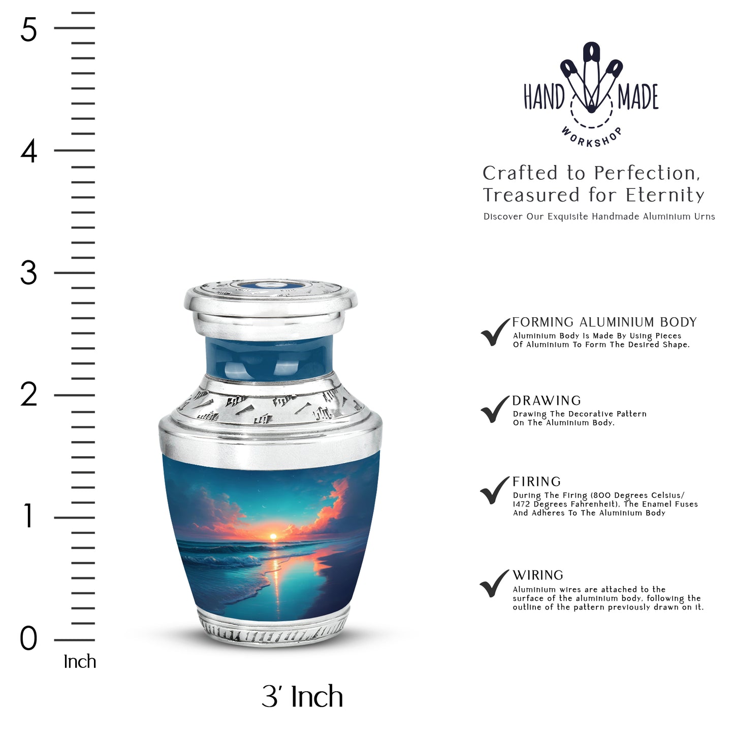 Cornflower Blue Beach Cremation Urn top-down view of secure threaded lid - stylized abstract beach pattern with bold lines - mini keepsake memorial for portion of cremation ashes