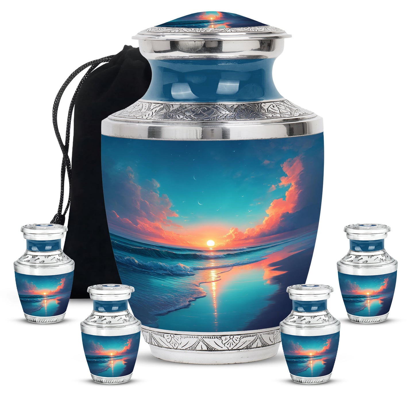 Navy Blue Beach Cremation Urn lifestyle display on memorial shelf - modern art-inspired beach motif on sleek aluminum - memorial set with one large and four small urns