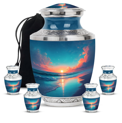 Navy Blue Beach Cremation Urn lifestyle display on memorial shelf - modern art-inspired beach motif on sleek aluminum - memorial set with one large and four small urns