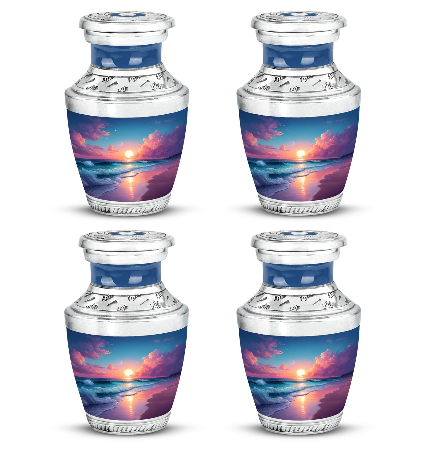 Bright Blue Beach Cremation Urn back view with polished surface - artistic beach interpretation with creative detail - 10 inch aluminum urn for cremated remains