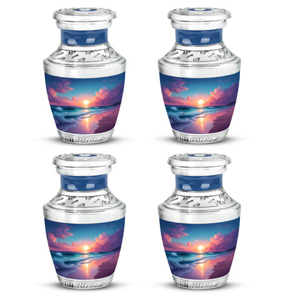Bright Blue Beach Cremation Urn back view with polished surface - artistic beach interpretation with creative detail - 10 inch aluminum urn for cremated remains