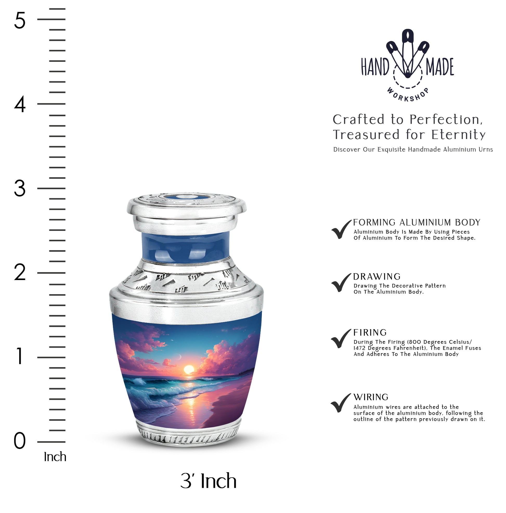 Cornflower Blue Beach Cremation Urn top-down view of secure threaded lid - artistic beach interpretation with creative detail - mini keepsake memorial for portion of cremation ashes