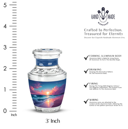 Cornflower Blue Beach Cremation Urn top-down view of secure threaded lid - artistic beach interpretation with creative detail - mini keepsake memorial for portion of cremation ashes