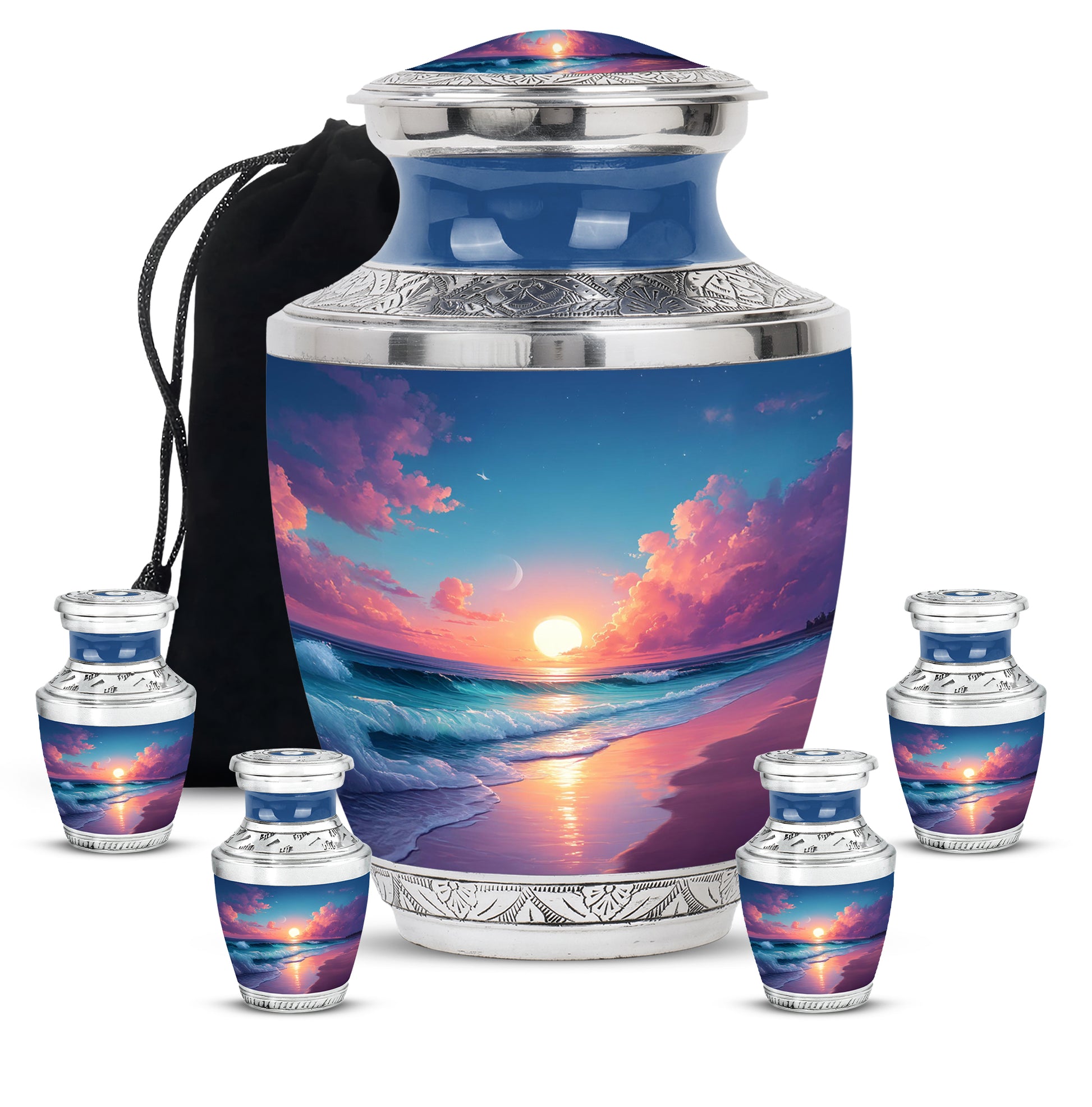 Azure Beach Cremation Urn lifestyle display on memorial shelf - contemporary beach design with modern artistic flair - memorial set with one large and four small urns