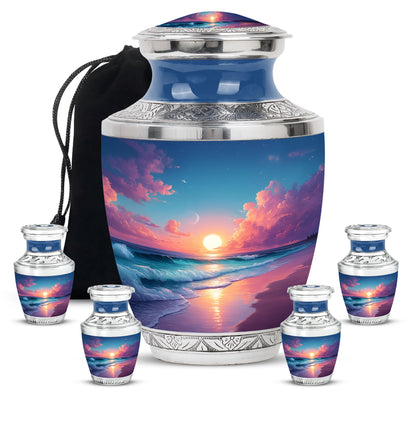 Azure Beach Cremation Urn lifestyle display on memorial shelf - contemporary beach design with modern artistic flair - memorial set with one large and four small urns