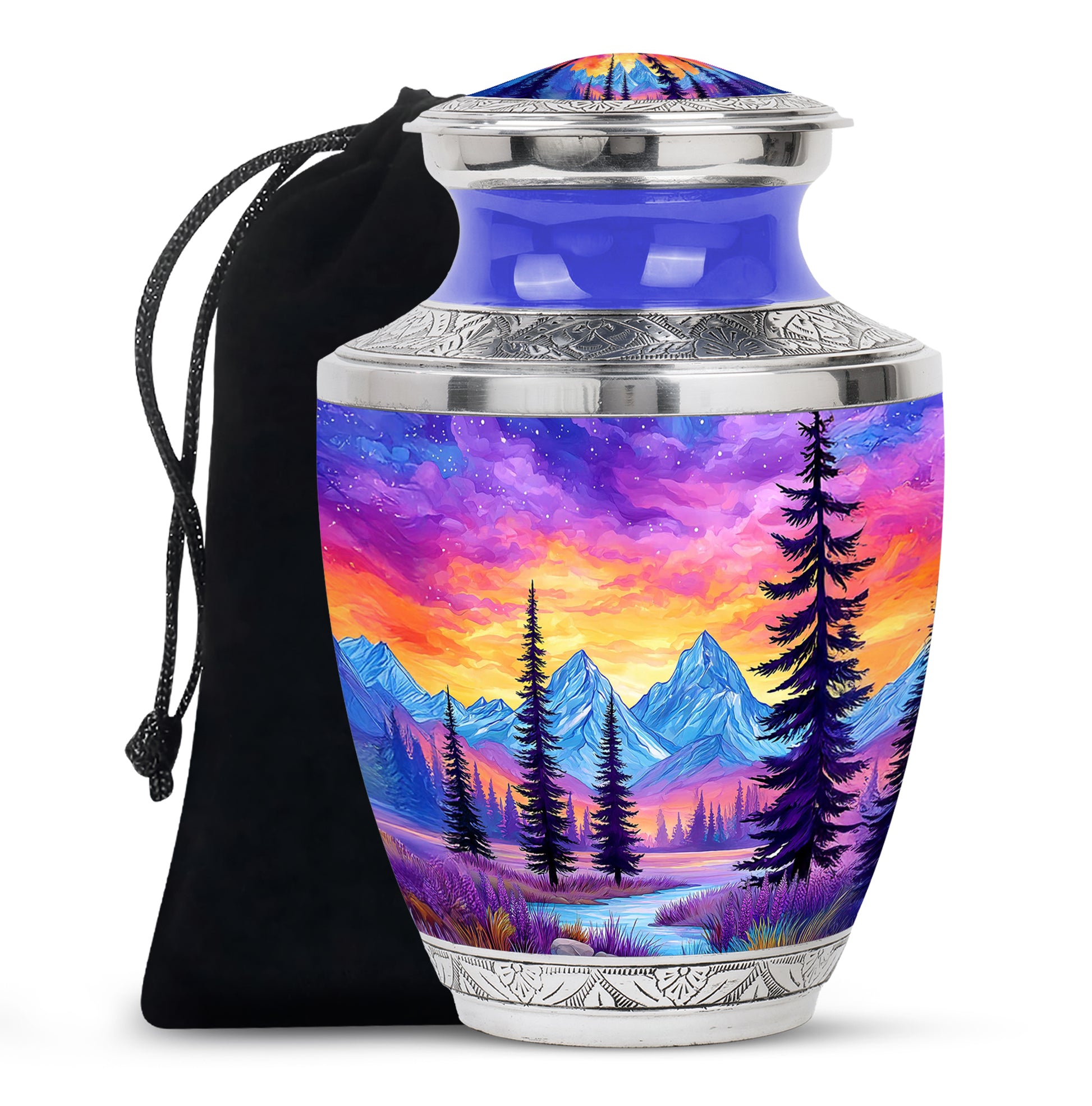 Sapphire Blue Beach Cremation Urn side profile showing urn shape - stylized abstract beach pattern with bold lines - full-size 10 inch 200 cubic inch adult cremation urn