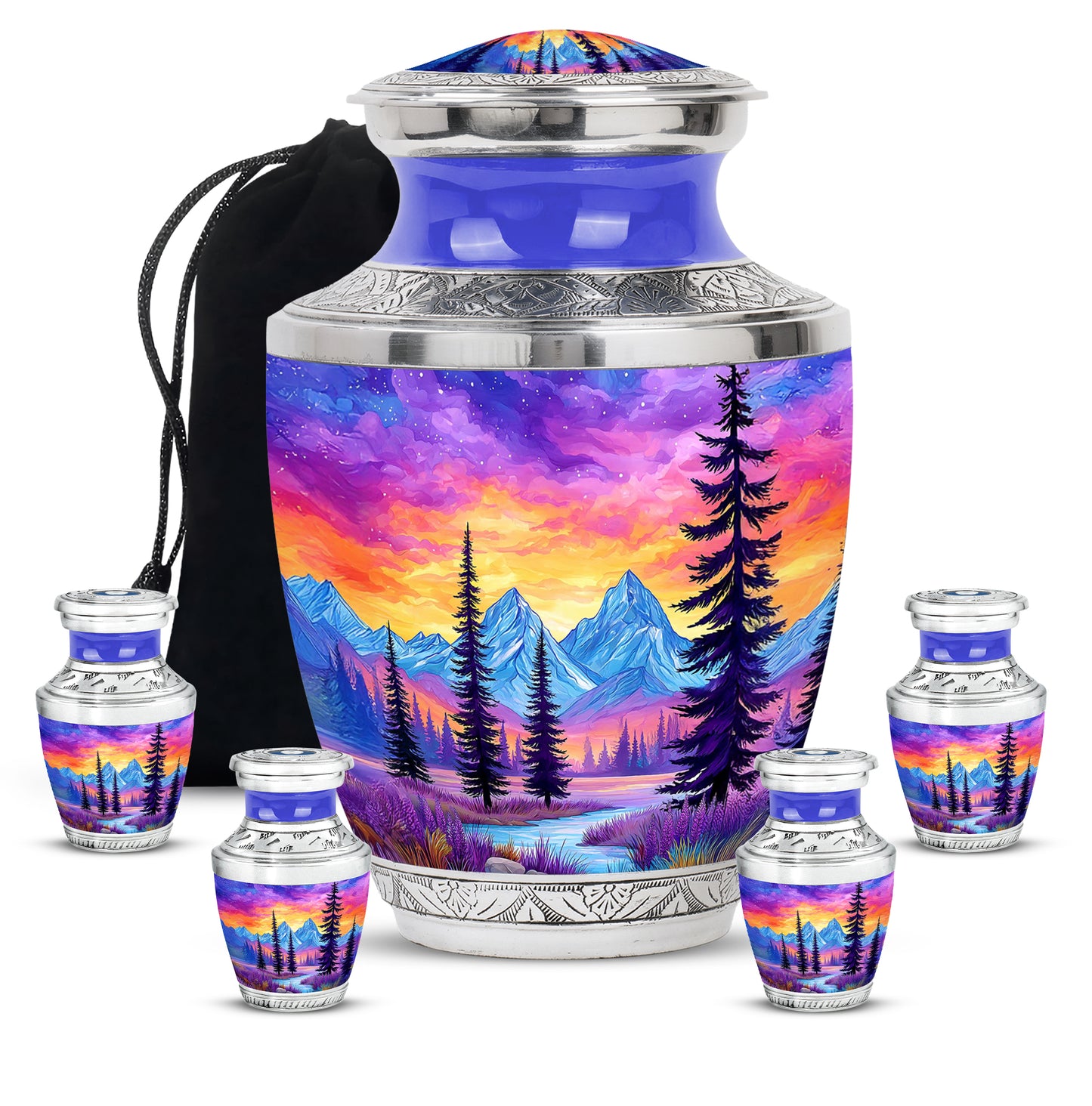 Serene Blue Beach Cremation Urn lifestyle display on memorial shelf - stylized abstract beach pattern with bold lines - memorial set with one large and four small urns