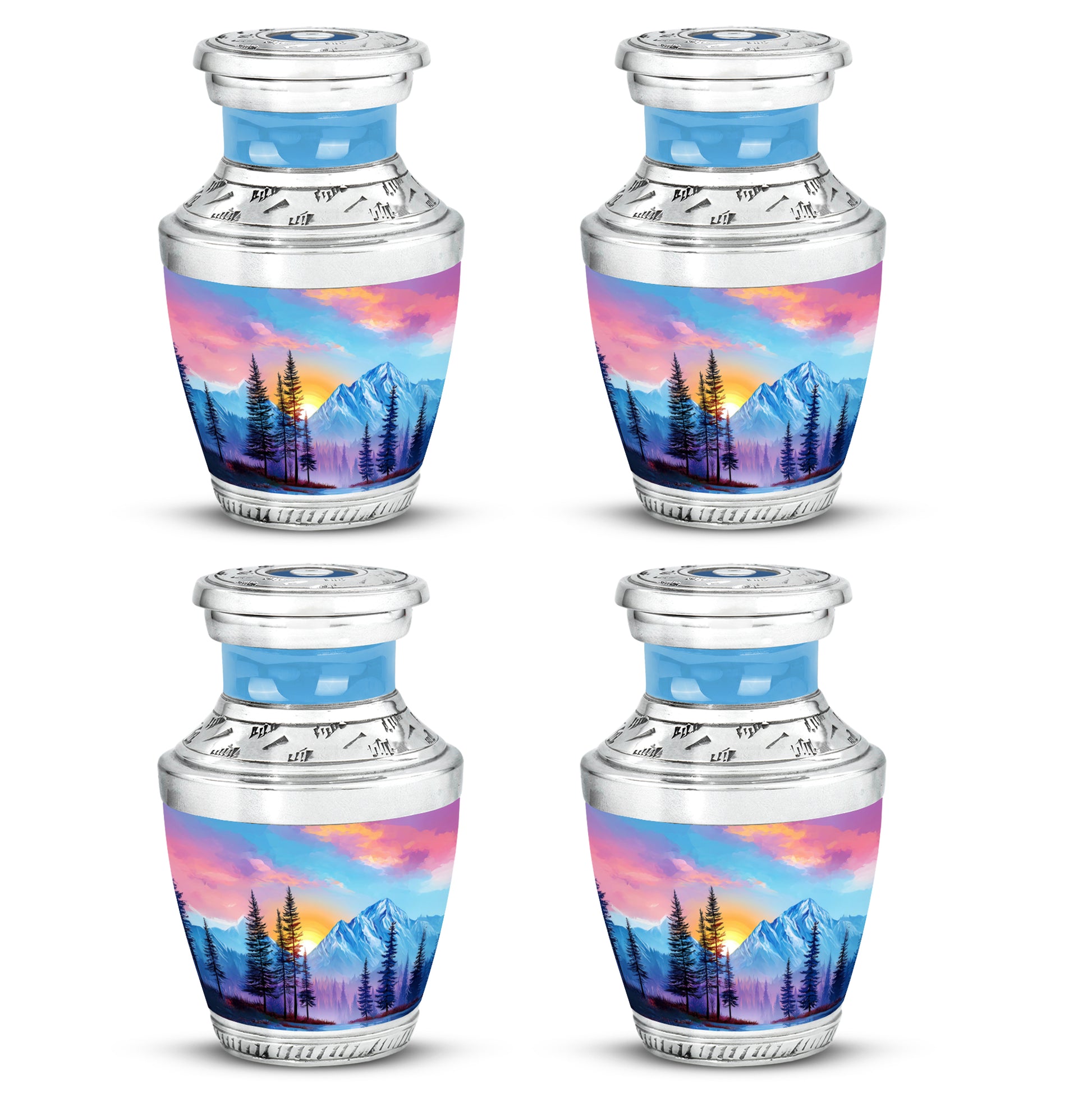 Powder Blue Beach Cremation Urn back view with polished surface - contemporary beach design with modern artistic flair - 10 inch aluminum urn for cremated remains