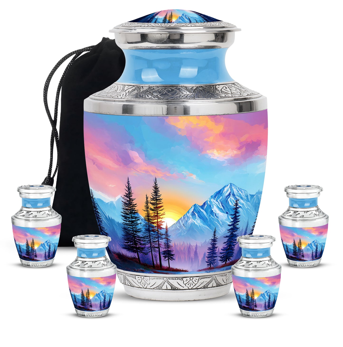 Calming Blue Beach Cremation Urn lifestyle display on memorial shelf - artistic beach interpretation with creative detail - memorial set with one large and four small urns