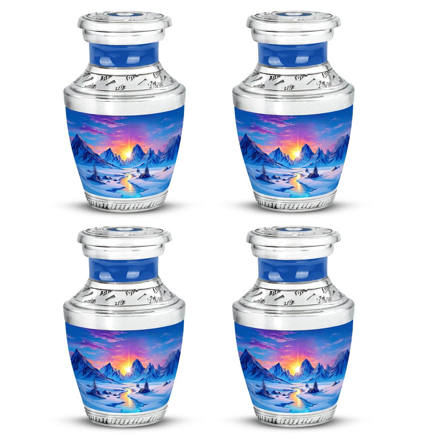 Soft Blue Beach Cremation Urn back view with polished surface - artistic beach interpretation with creative detail - 10 inch aluminum urn for cremated remains