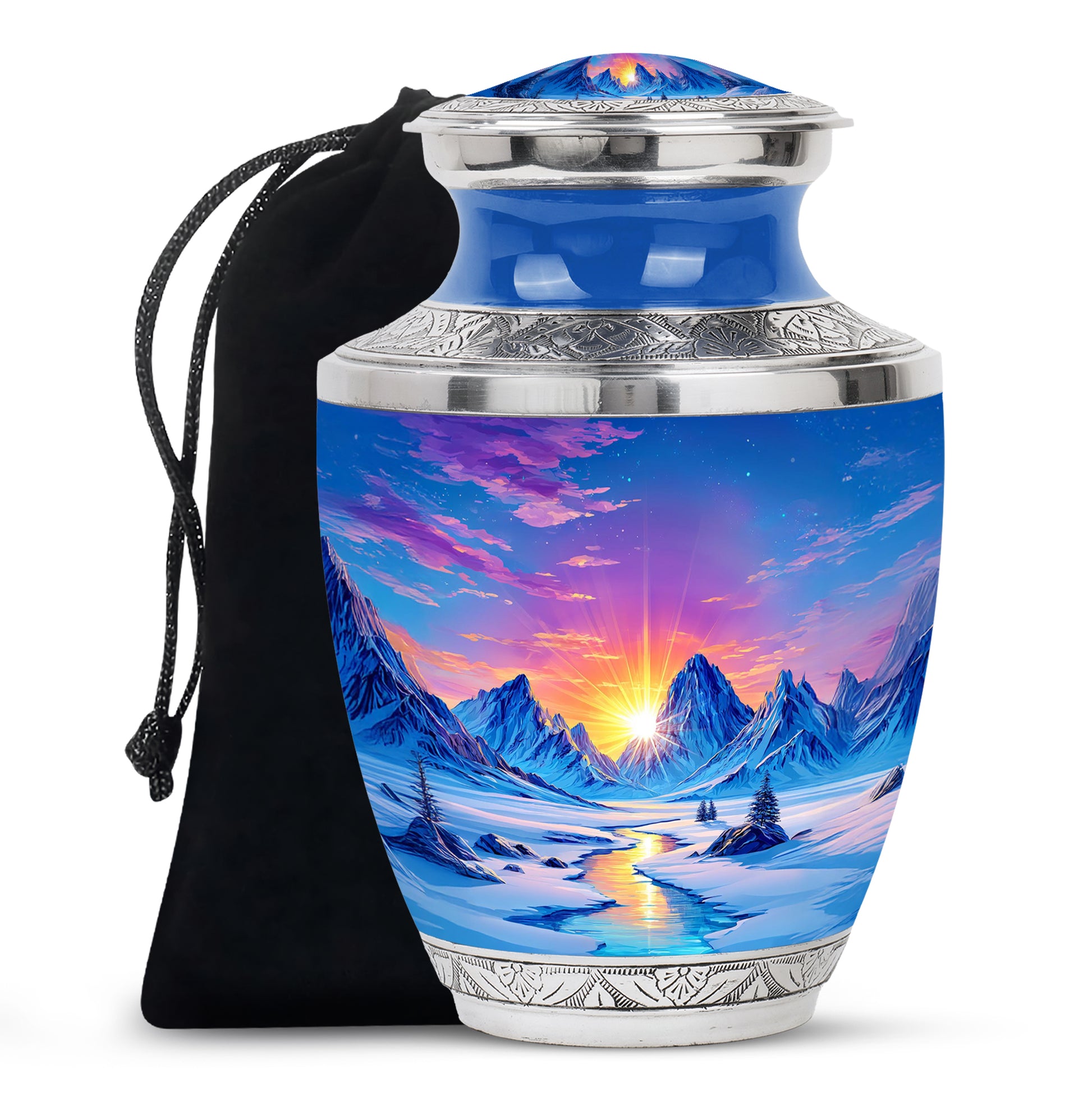 Bright Blue Beach Cremation Urn side profile showing urn shape - artistic beach interpretation with creative detail - full-size 10 inch 200 cubic inch adult cremation urn