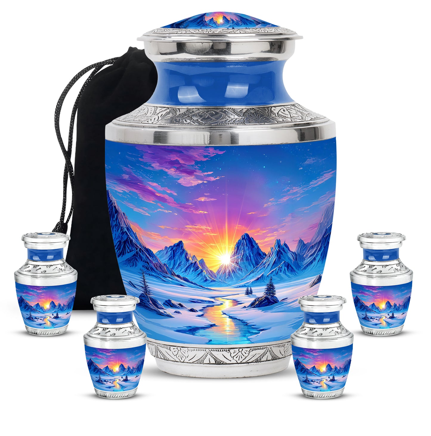 Royal Blue Beach Cremation Urn lifestyle display on memorial shelf - stylized abstract beach pattern with bold lines - memorial set with one large and four small urns