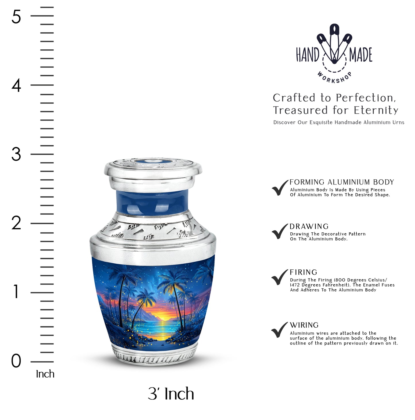 Dusty Blue Beach Cremation Urn top-down view of secure threaded lid - modern art-inspired beach motif on sleek aluminum - mini keepsake memorial for portion of cremation ashes