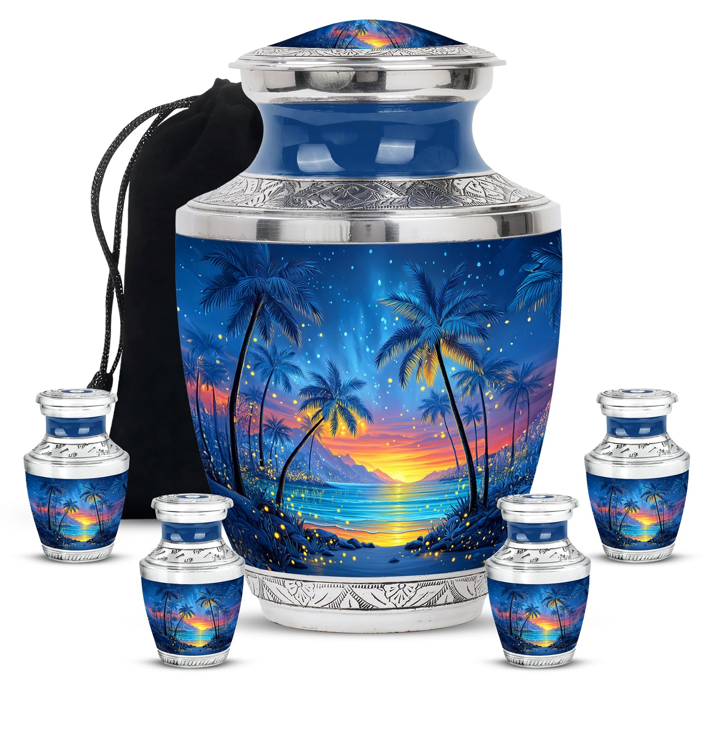 Icy Blue Beach Cremation Urn lifestyle display on memorial shelf - modern art-inspired beach motif on sleek aluminum - memorial set with one large and four small urns