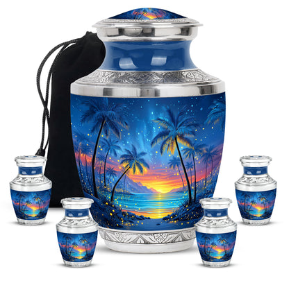 Icy Blue Beach Cremation Urn lifestyle display on memorial shelf - modern art-inspired beach motif on sleek aluminum - memorial set with one large and four small urns