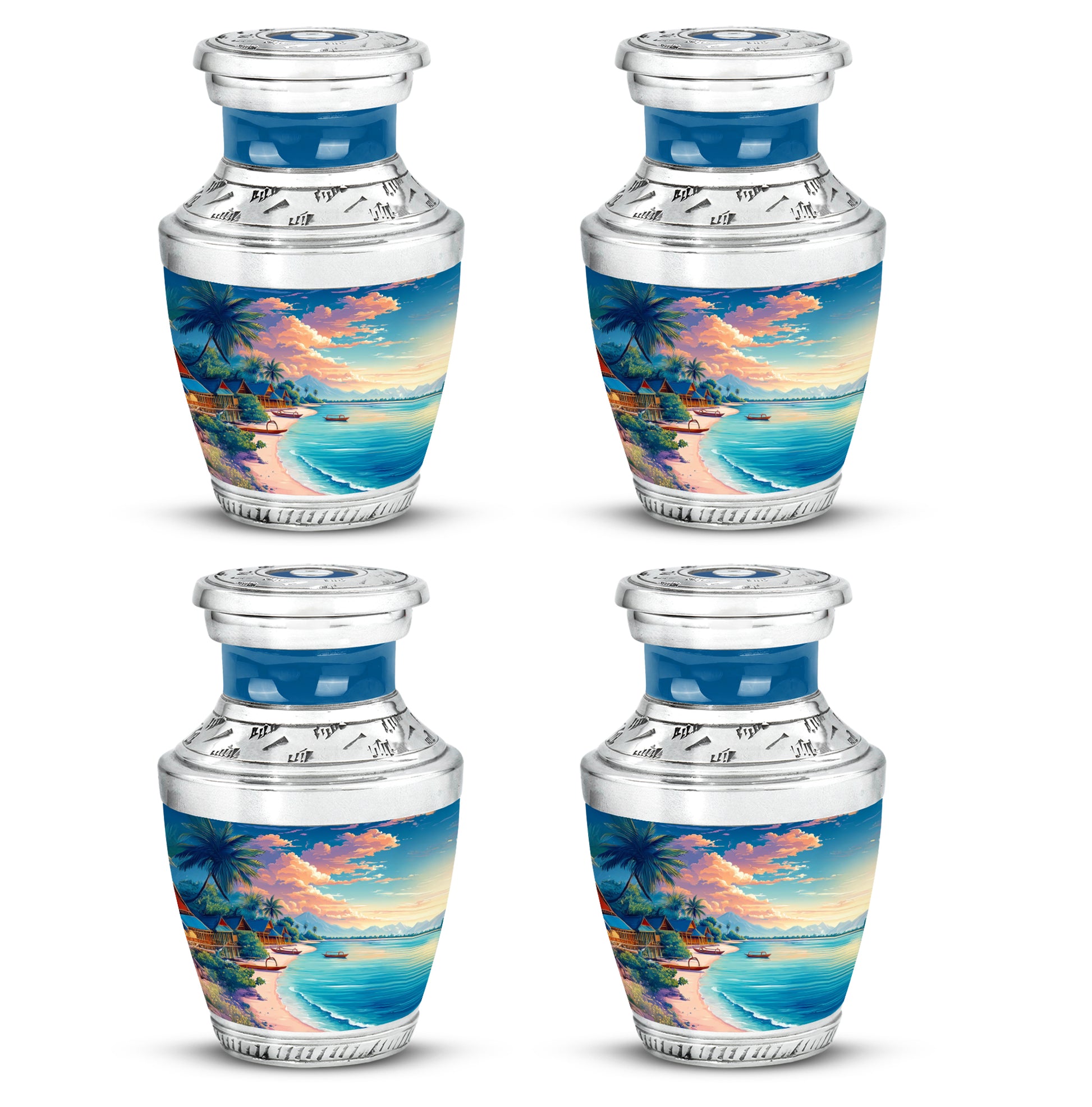 Serene Blue Beach Cremation Urn back view with polished surface - artistic beach interpretation with creative detail - 10 inch aluminum urn for cremated remains