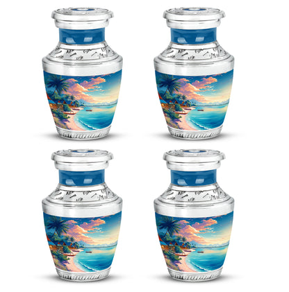 Serene Blue Beach Cremation Urn back view with polished surface - artistic beach interpretation with creative detail - 10 inch aluminum urn for cremated remains