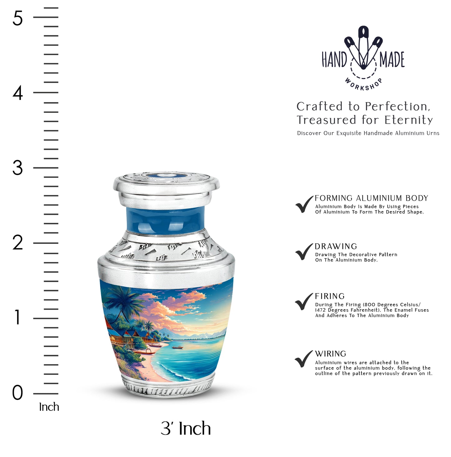 Slate Blue Beach Cremation Urn top-down view of secure threaded lid - contemporary beach design with modern artistic flair - mini keepsake memorial for portion of cremation ashes