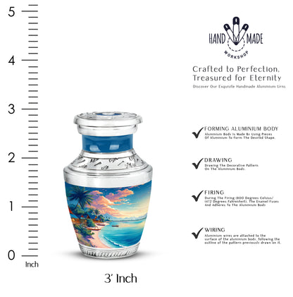 Slate Blue Beach Cremation Urn top-down view of secure threaded lid - contemporary beach design with modern artistic flair - mini keepsake memorial for portion of cremation ashes