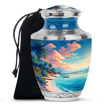 Calming Blue Beach Cremation Urn side profile showing urn shape - stylized abstract beach pattern with bold lines - full-size 10 inch 200 cubic inch adult cremation urn